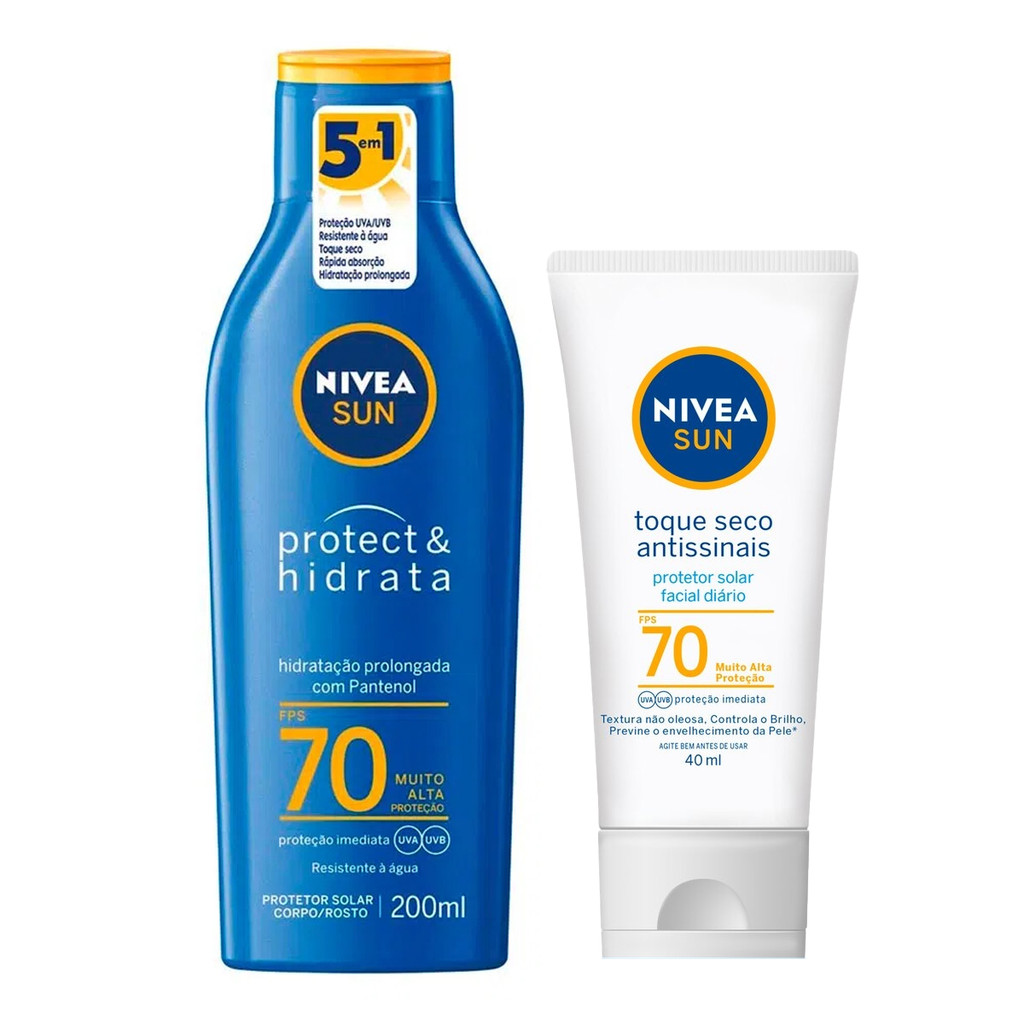 KIT PROTETOR SOLAR NIVEA FPS70 200ML + TOQUE SECO FACIAL FPS70 40ML em Oferta na Shopee