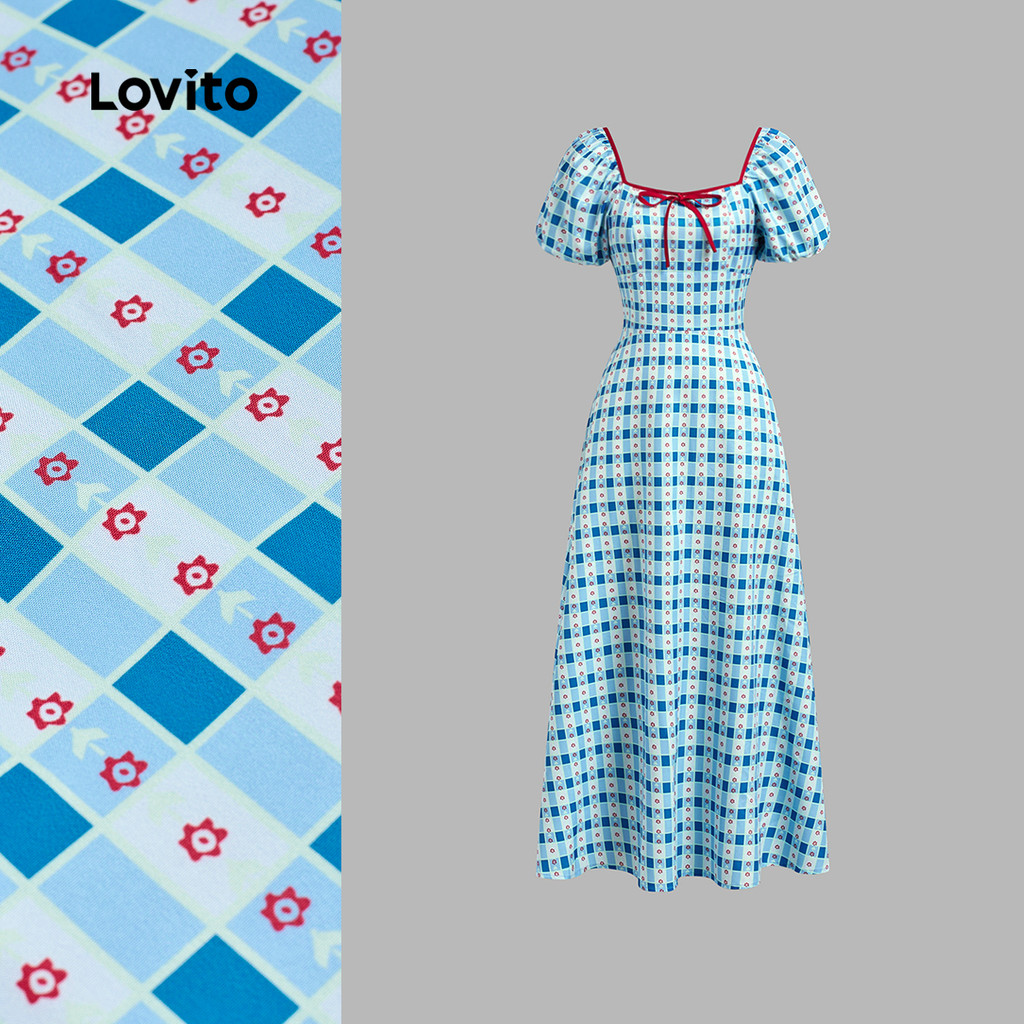 Vestido xadrez azul contrastante vermelho com manga bufante lateral-DRB149PBD592