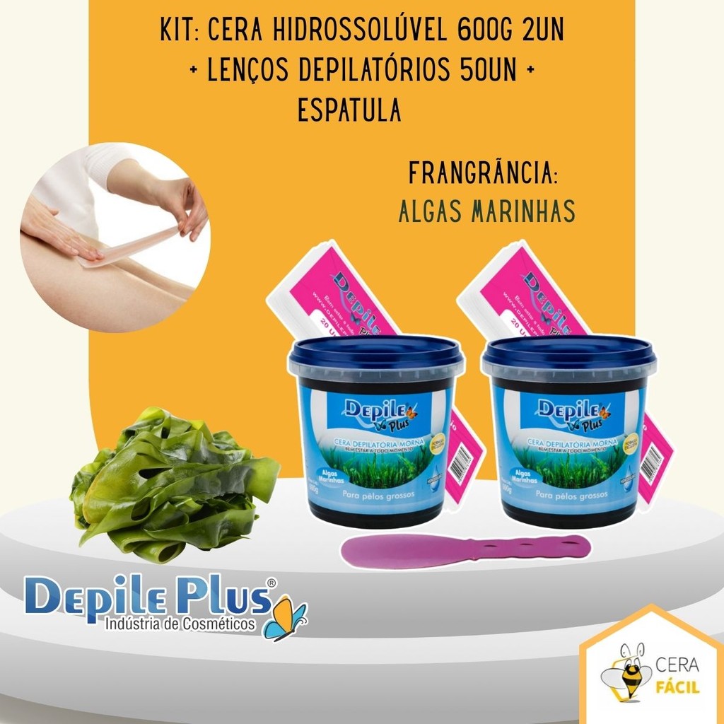 Kit 02 un Cera Hidrossolúvel 600g + Lenços Depilatórios 50un com Espatula Depile Plus