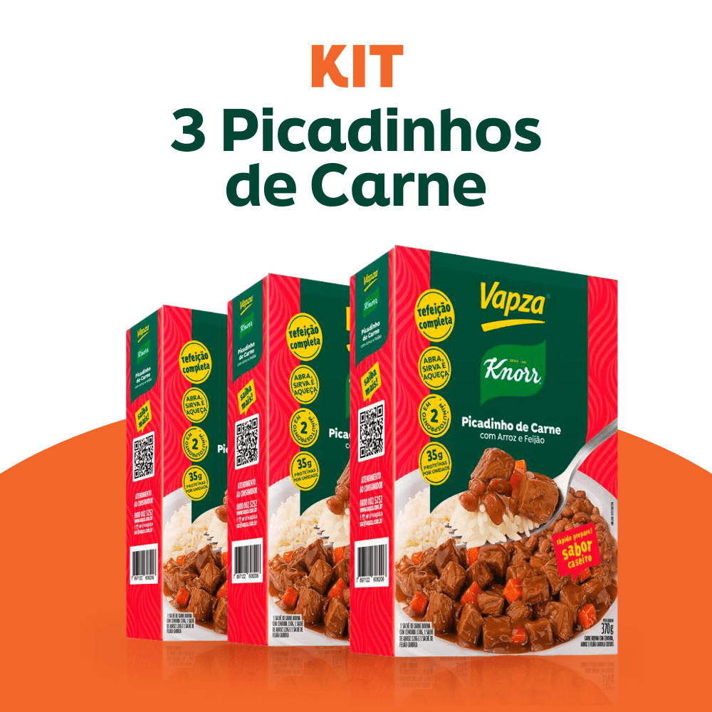 Kit 3 Picadinhos de Carne Com Arroz e Feijão 370G Vapza e Knorr