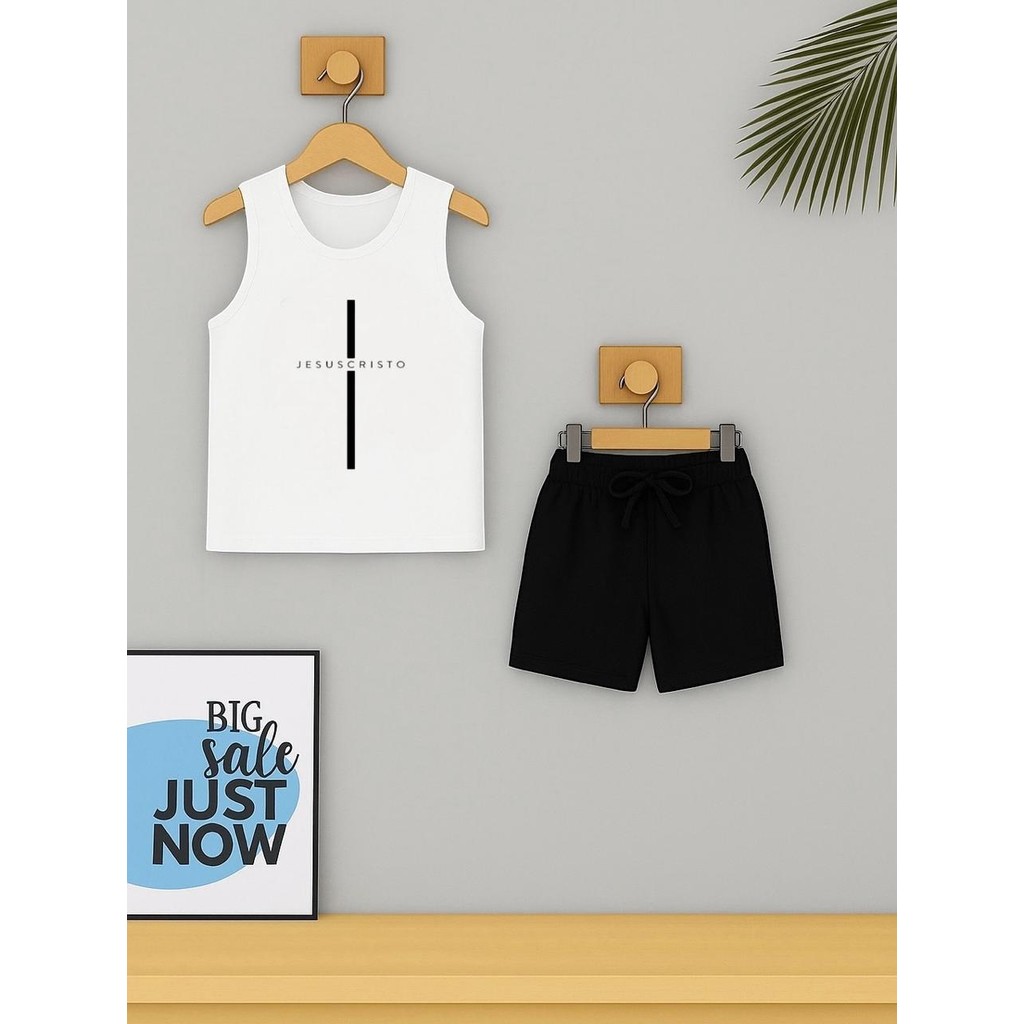 Conjunto Infantil Camiseta Cavada e Bermuda JESUS CRISTO Regata Roupa Criança Masculino Verão