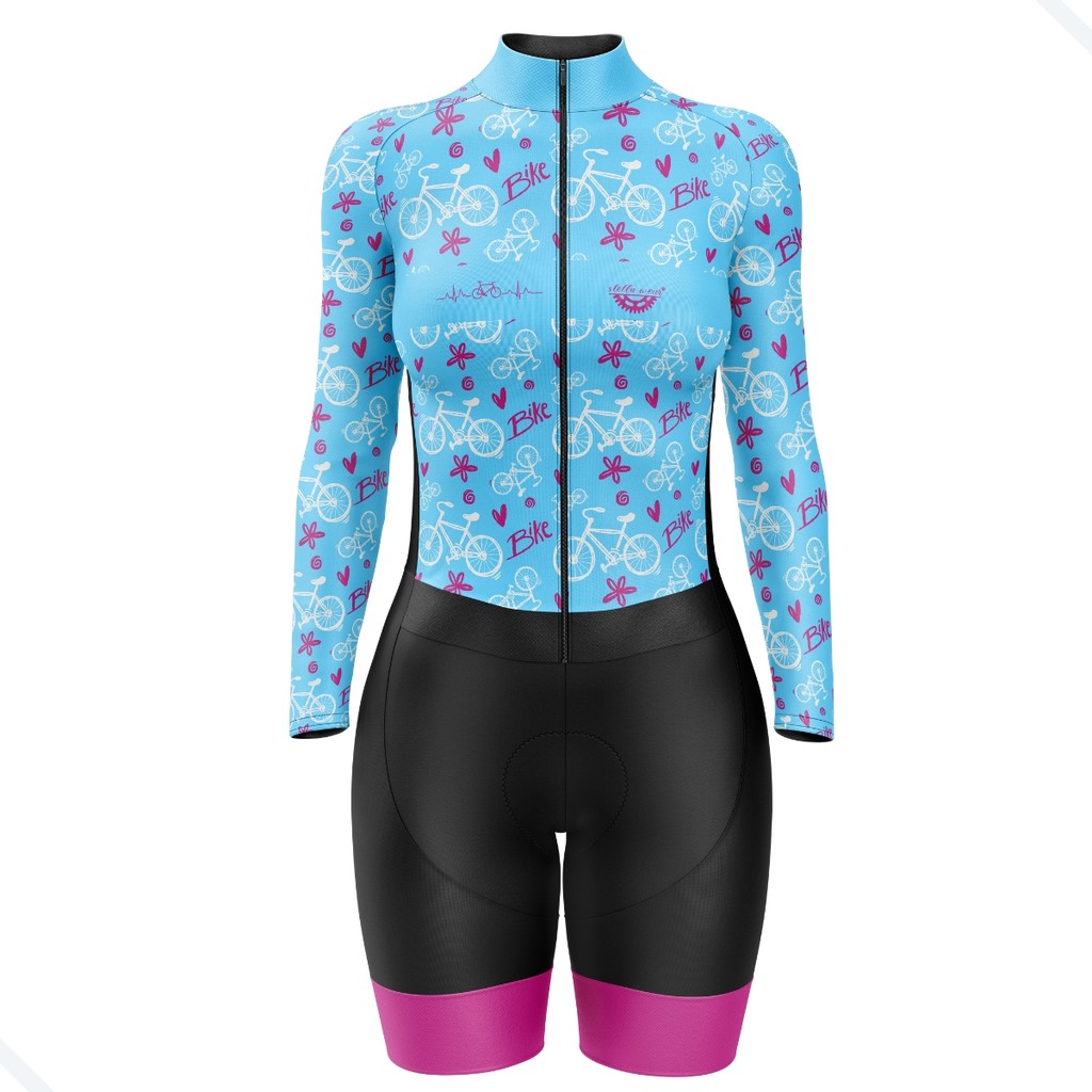 Macaquinho Ciclismo Feminino Profissional Gel Acolchoado UV Proteção MTB Speed Bicicletinha Azul