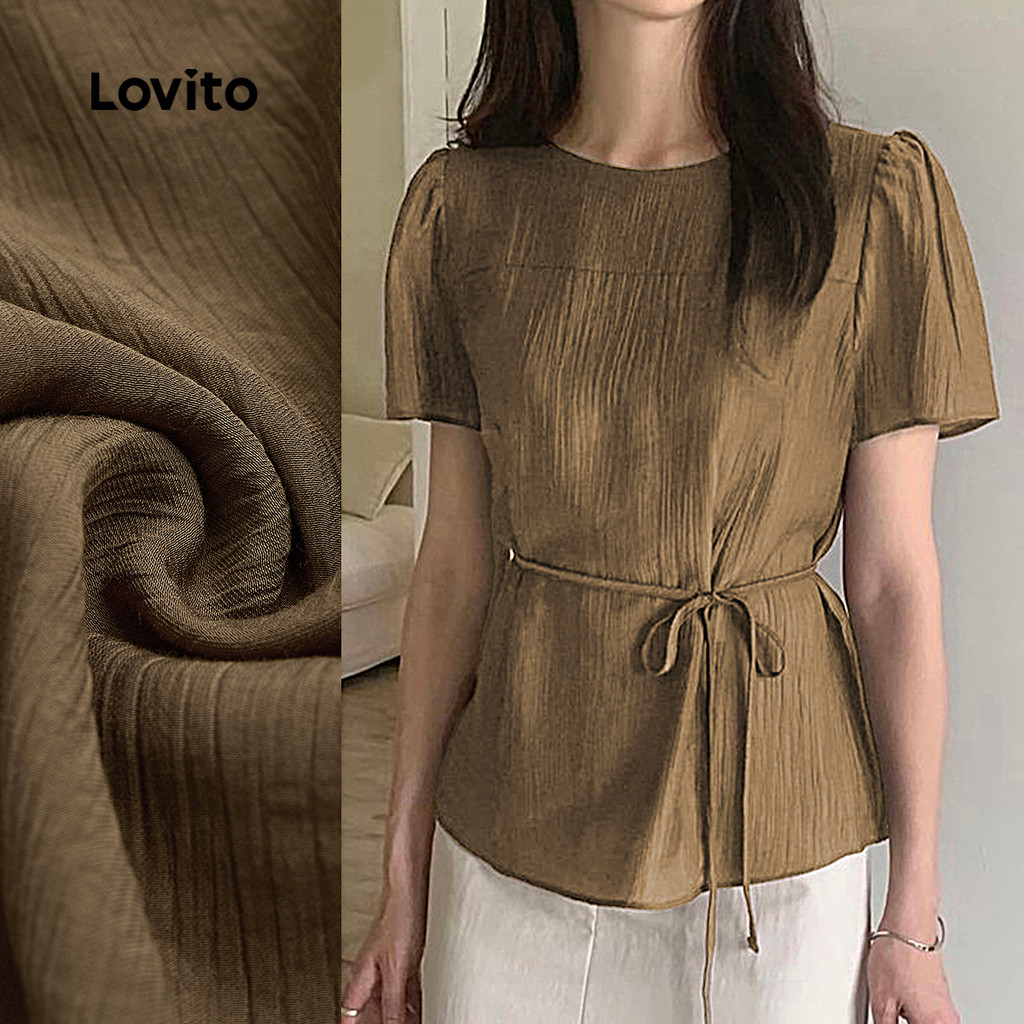 Lovito Blusa Elegante com Cinto Primavera/verão Marrom para Mulheres L149LD384