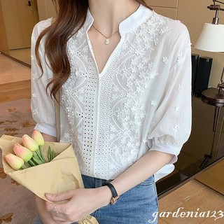 Blusa Feminina Manga Curta Flor Oca Sólida Elegante Verão Camisa