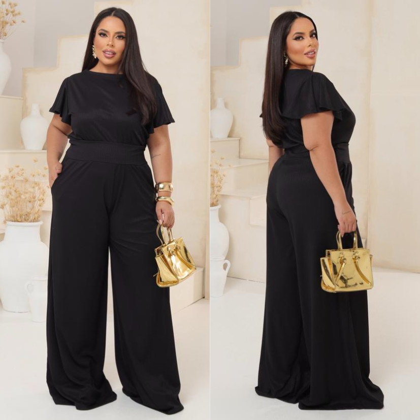 Conjunto 2 Peças Plus Size Malha Canelada Calça Pantalona com Bolso Cós de Elástico Blusa com Mangas Elegante