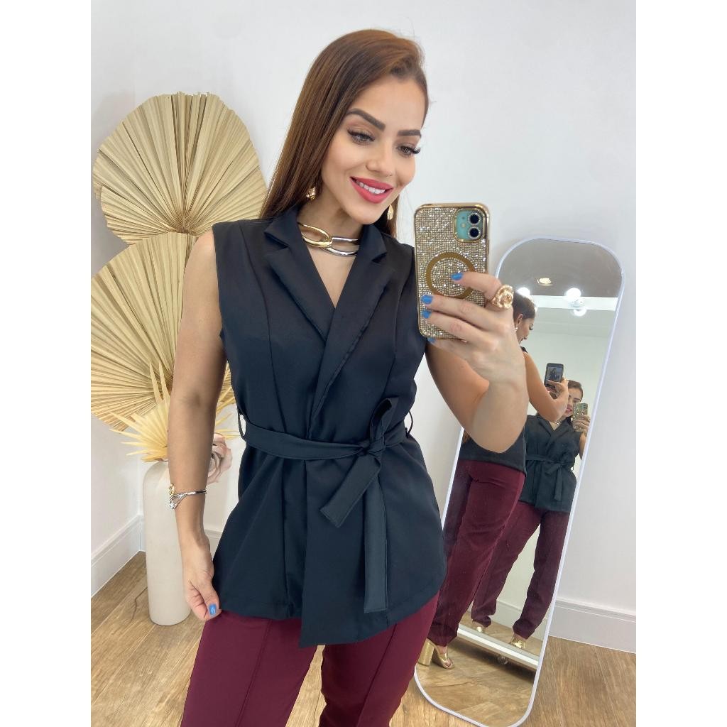 Colete Amarração Com Cinto Alfaiataria Feminino Social Elegante em Oferta na Shopee