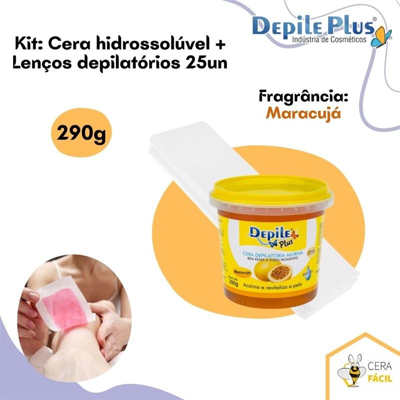Kit Cera Hidrossolúvel 290g + Lenços Depilatórios 25un Depile Plus
