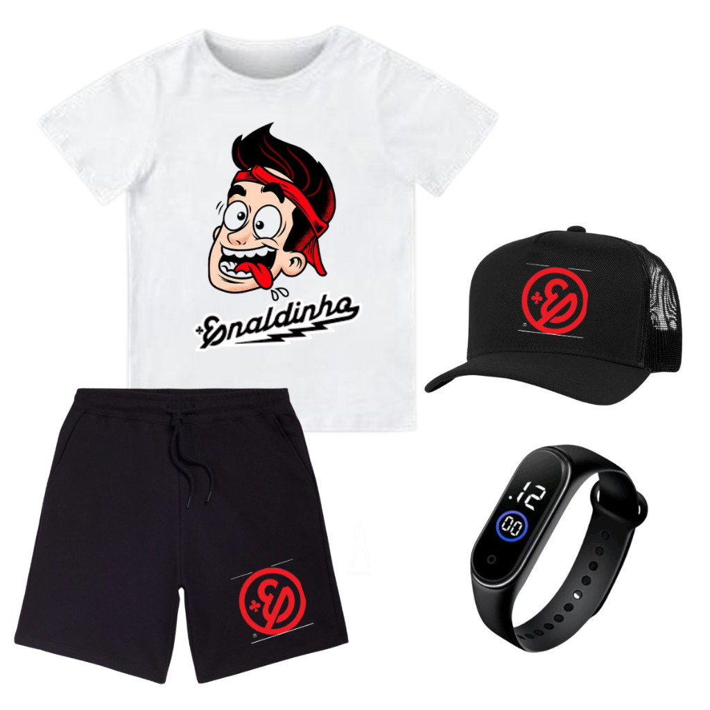 Camiseta Bermuda Infantil Enaldinho + bone + relogio kit pronta entrega 4 ao 16