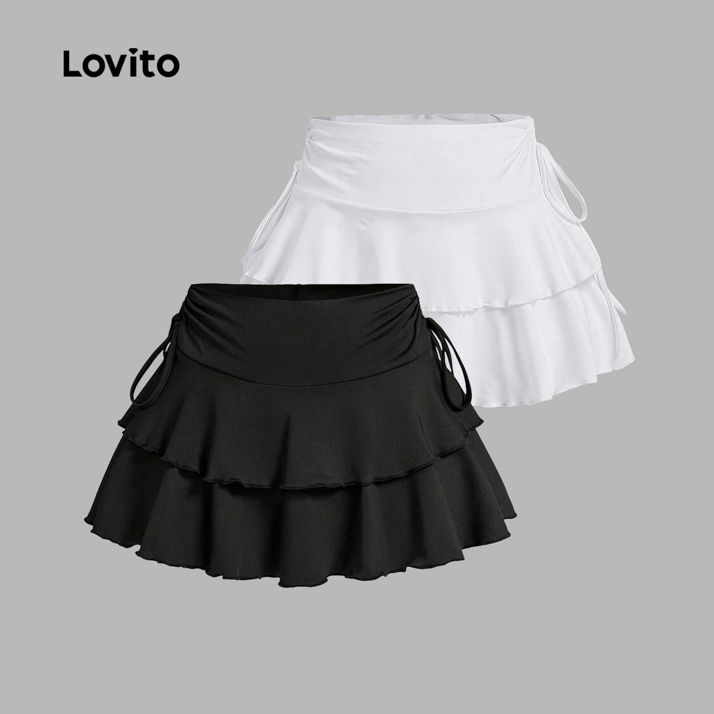 Lovito Saia Casual Feminina Lisa Com Cadarço E Bainha Com Babados, Camadas E Babados, Saia De Verão/primavera L133AD424 em Oferta na Shopee