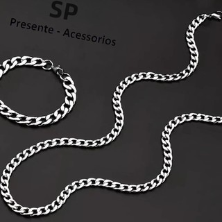 Conjunto De Corrente E Pulseira De Aço Inoxidável Prateado Masculino 45/50/60/70 Cm - Promoção