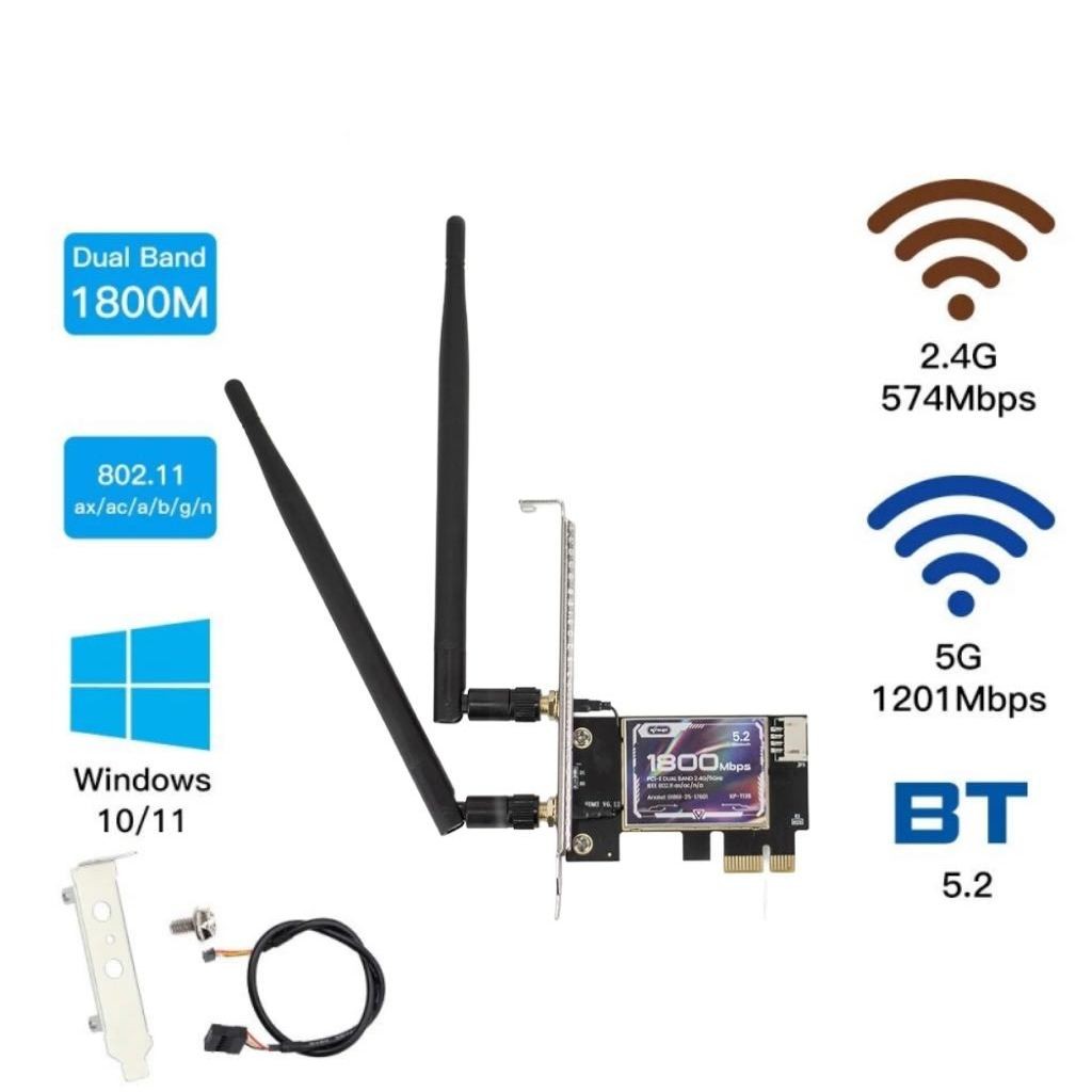 Placa Rede Wi-fi Dual Band 2.4/5.2G Bluetooth 5,2 PCI-E 1800Mbps, Compatível Desktop PC Knup