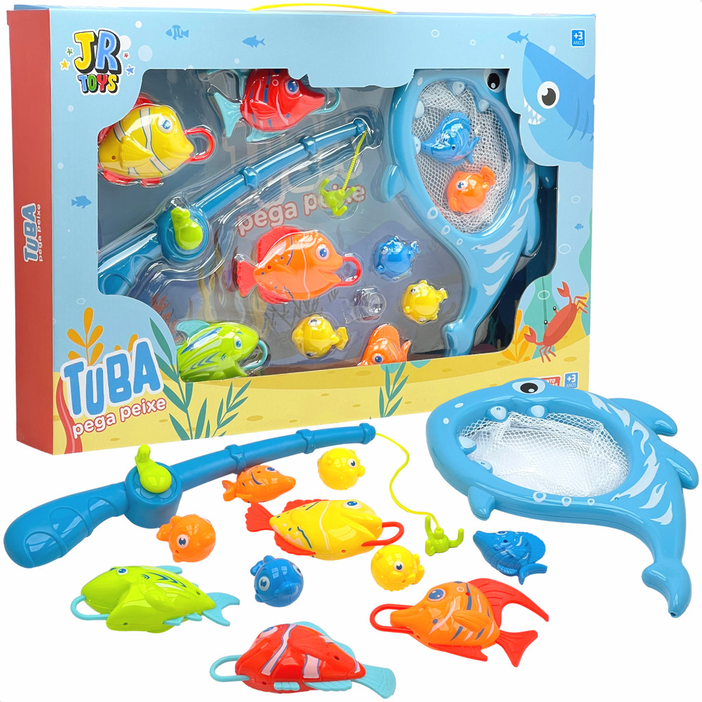 Brinquedo Pega Peixe Pescaria De Banheira Com Rede Pesca Infantil Molinete Tubarão