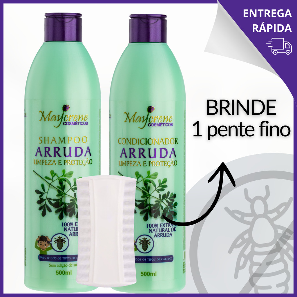 Shampoo + Condicionador Arruda Tratamento Contra Piolhos e lendeas + Pente Maycrene Extrato Natural