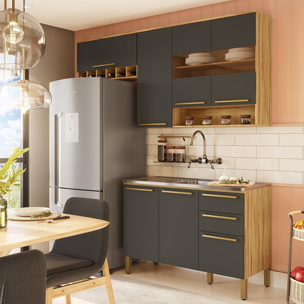 Cozinha Compacta 100% Mdf 3 Peças 7 Portas 2 Gavetas sem Tampo com Vidro Itália Espresso Móveis Amêndoa/Chumbo em Oferta na Shopee