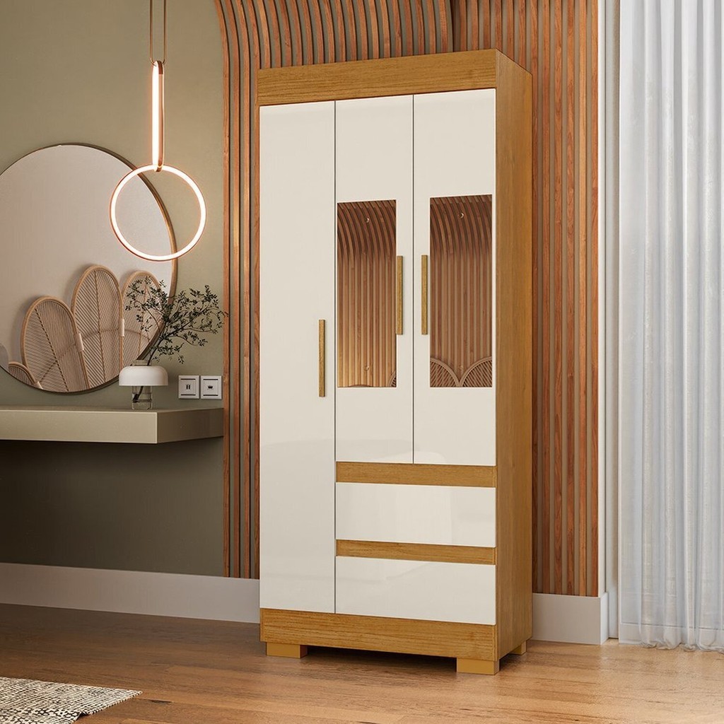 Guarda-roupa Solteiro 75,30cm 3 Ptas com Esp e 2 Gavetas Chantrieri Espresso Móveis Cinamomo/Off White em Oferta na Shopee