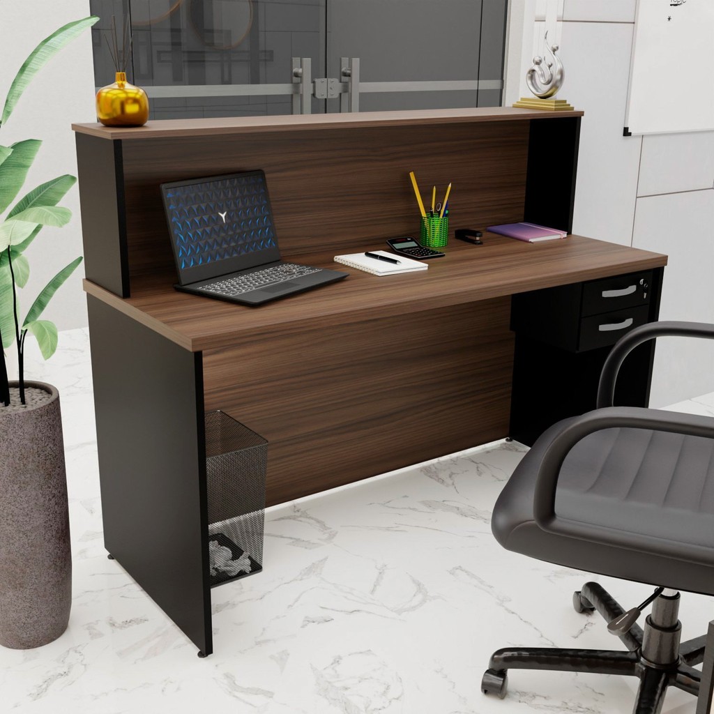 Balcão Atendimento Recepção Consultório 140x60cm com Gaveta Nogal/Preto em Oferta na Shopee