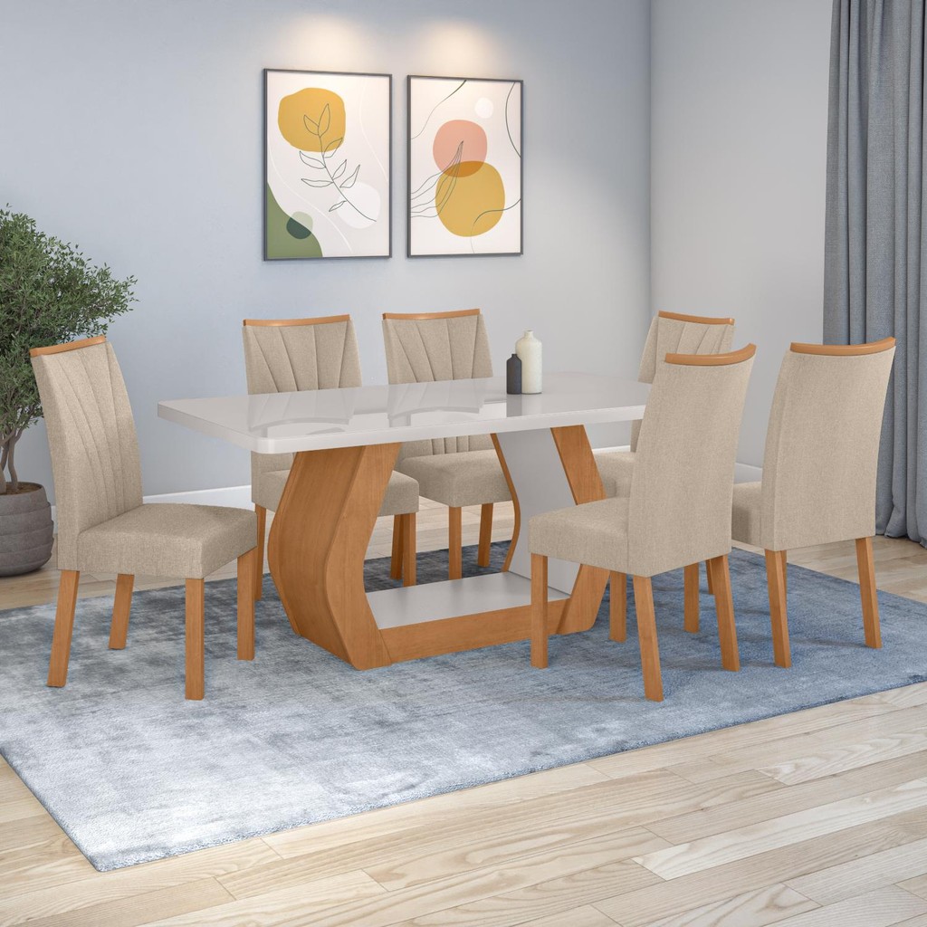 Conjunto Sala de Jantar Mesa Easy Tower 170x90cm MDF/Vidro com 6 Cad Confort Linho Bege Amendoa/off em Oferta na Shopee