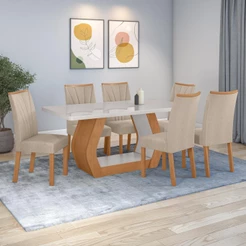 Conjunto Sala de Jantar Mesa Easy Tower 170x90cm MDF/Vidro com 6 Cadeiras Confort Linho Bege Amendoa/off White