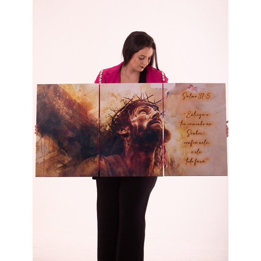 Quadro Decorativo Religioso Triplo Jesus Cristo Coroa Espinhos Salmo 37:5 Pomba da Paz Arte Sacra