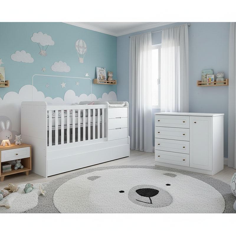 Berço Multifuncional Cleo e Cômoda Infantil Americano Ambiente Branco Fosco com Colchão Gazin - Henn
