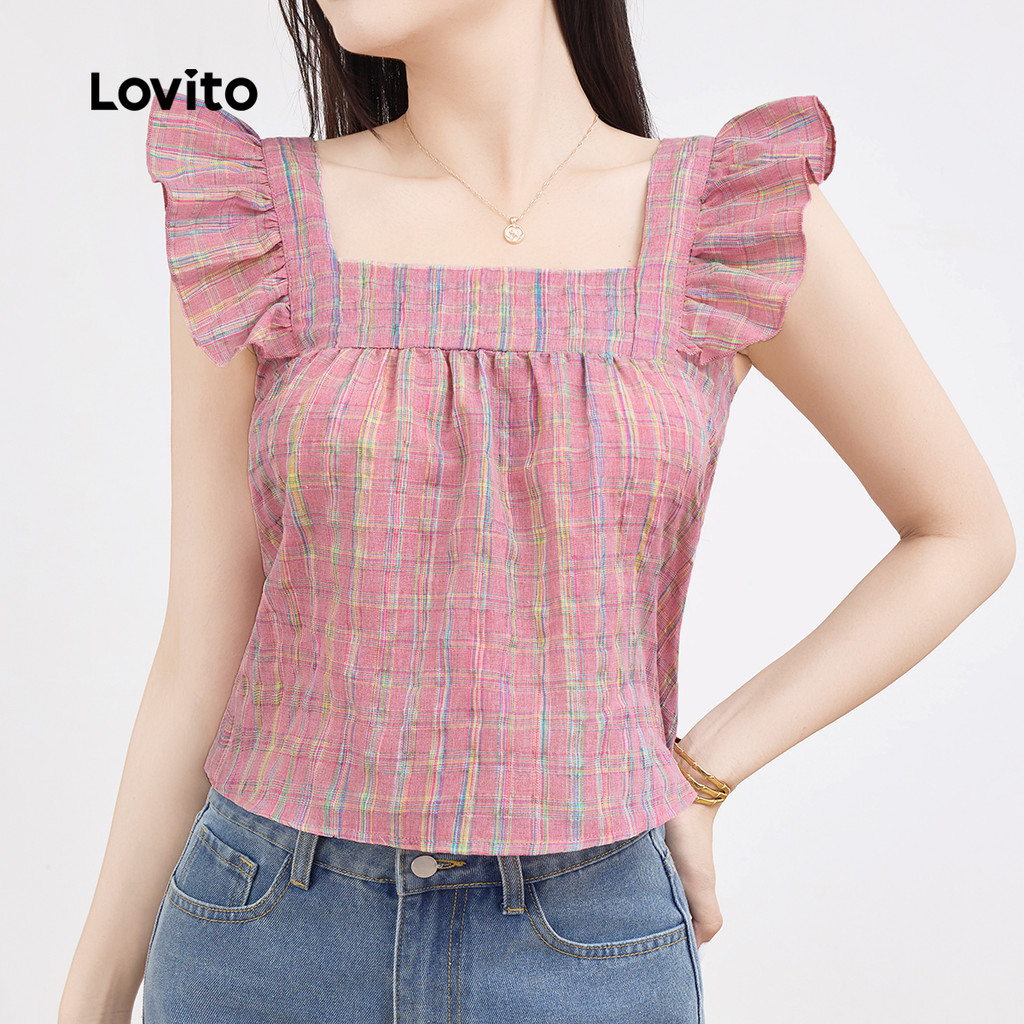 Detalhes do Lovito Blusa Casual Feminina Rosa Drapeada Babados Verão Primavera L135AD1210