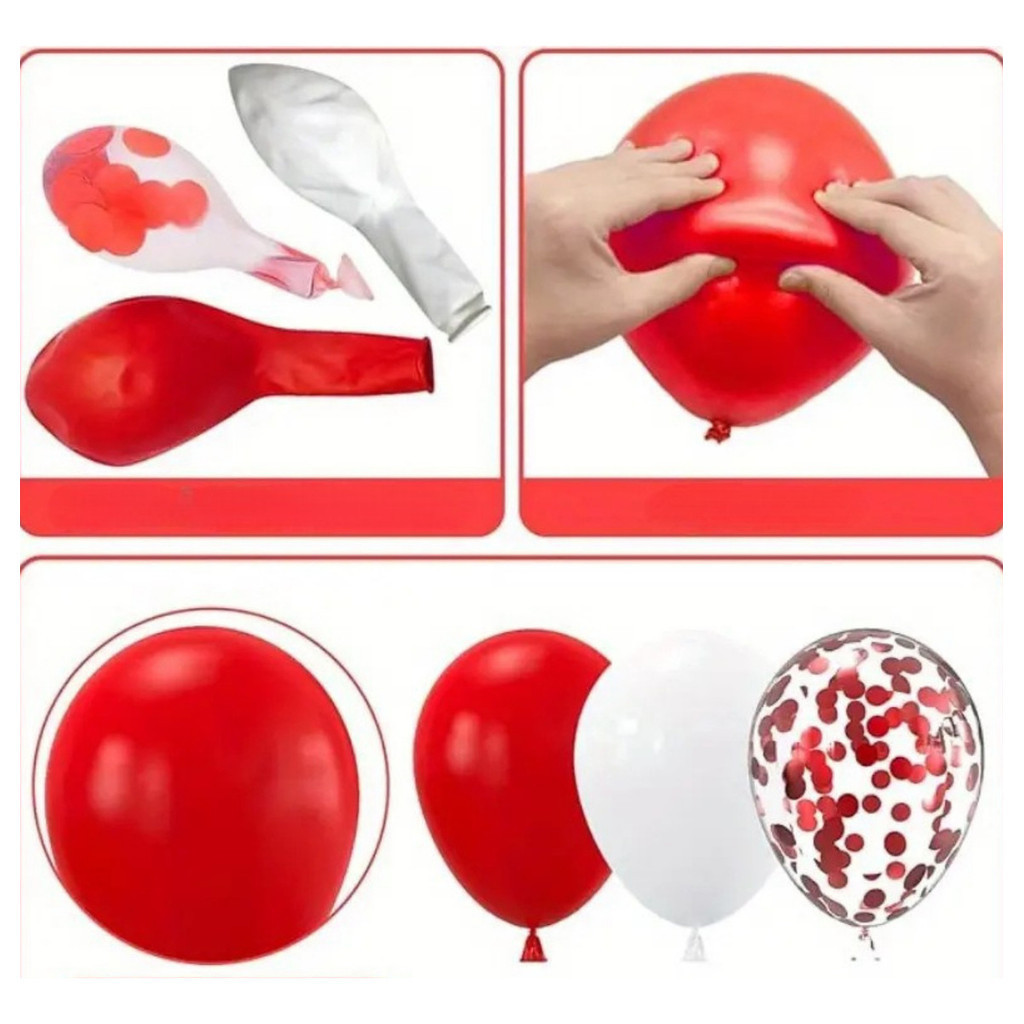 Kit 135 Balões Vermelho Festa Bexiga Balão Branco C/Confete Decoração + Fita Arco Desconstruído