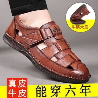 Sandálias masculinas verão novo estilo sandálias de couro genuíno oco respirável buraco sapatos carne tendão sola sapato