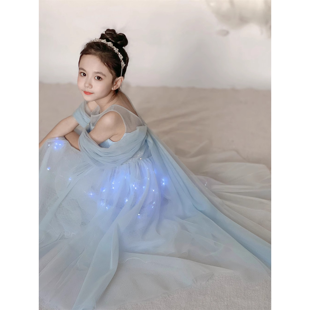 Vestido de princesa luminoso azul elsa meninas verão aniversário estilo ocidental vestido de gaze lindo vestido infantil