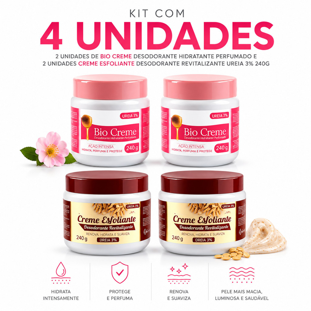 KIT 02 CREME ESFOLIANTE + 02  BIO CREME  HIDRATANTE 240g Revitalização Corporal Pés Hidratação Intensa Pés Mão