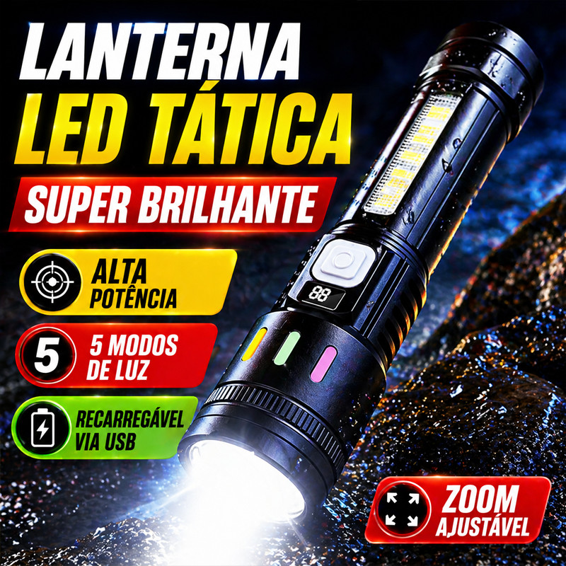 Lanterna LED Tática Alta Potência Super Brilhante com Zoom 5 Modos Luz de Emergência Recarregável