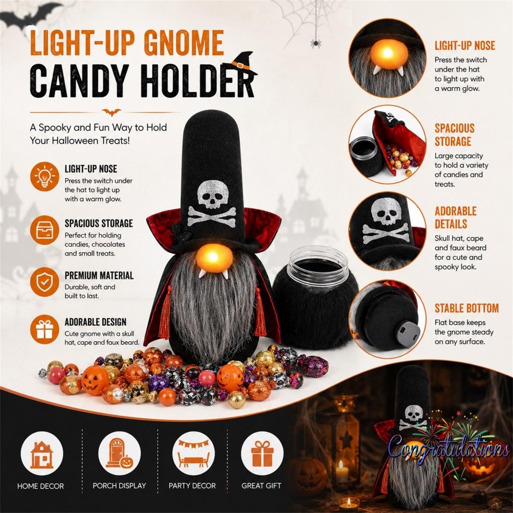 Cong-Frascos De Biscoitos De Halloween Com Tampa , Lindos Recipientes De Doces De Gnomo Iluminados , Organizador Para De
