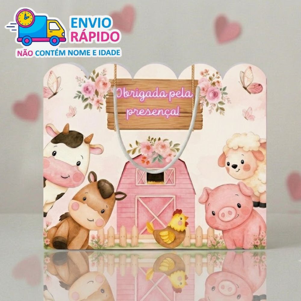 Kit Sacolinha Personalizada Fazendinha Rosa (20x15x7cm) Lembrancinhas de Aniversário - PEGUE E MONTE