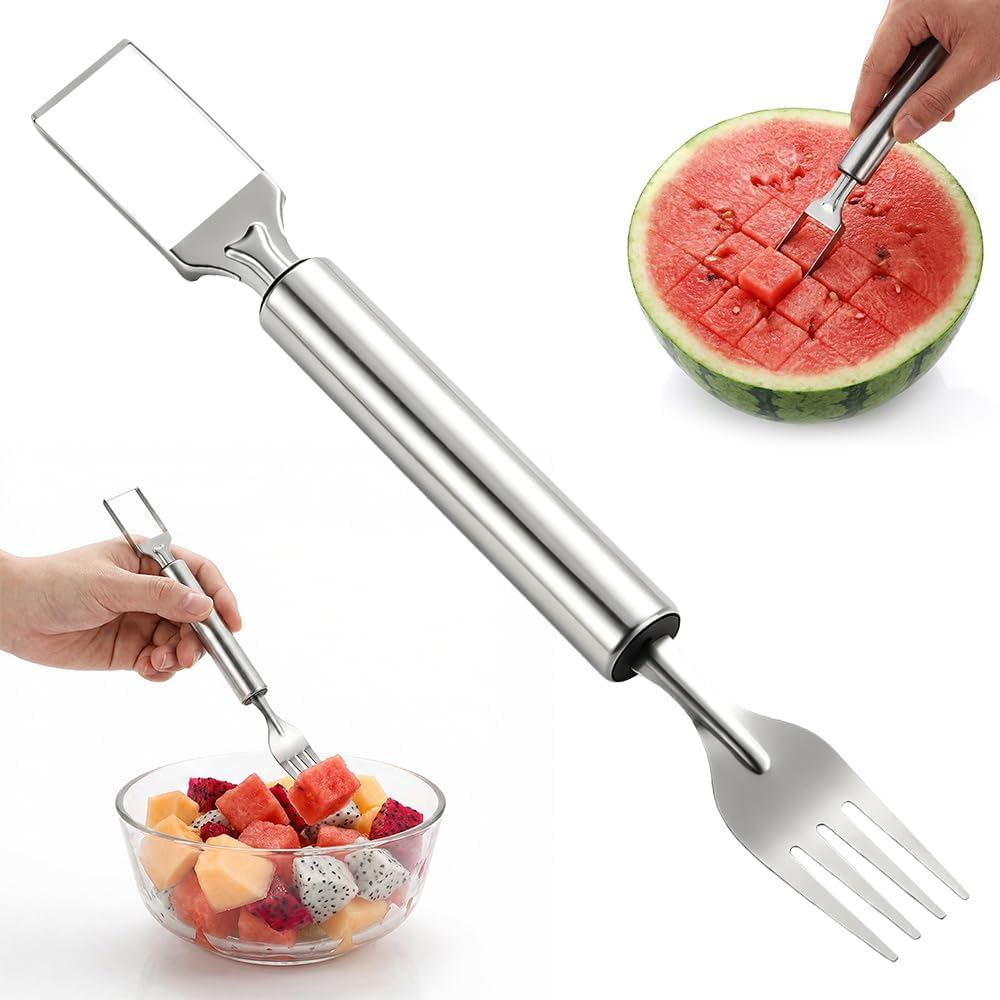 Cortador de Frutas 2 em 1 em Aço Inoxidável, Novo Cortador de Melancia 2026 com Garfo, Ferramenta de Corte de Frutas com