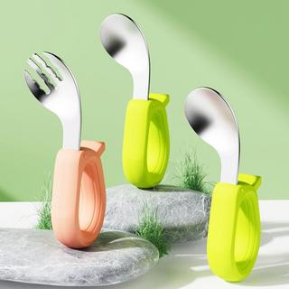 Colher de bebê anel alça curta 316 aço inoxidável suplemento alimentar do bebê colher Silicone crianças aprendem a comer