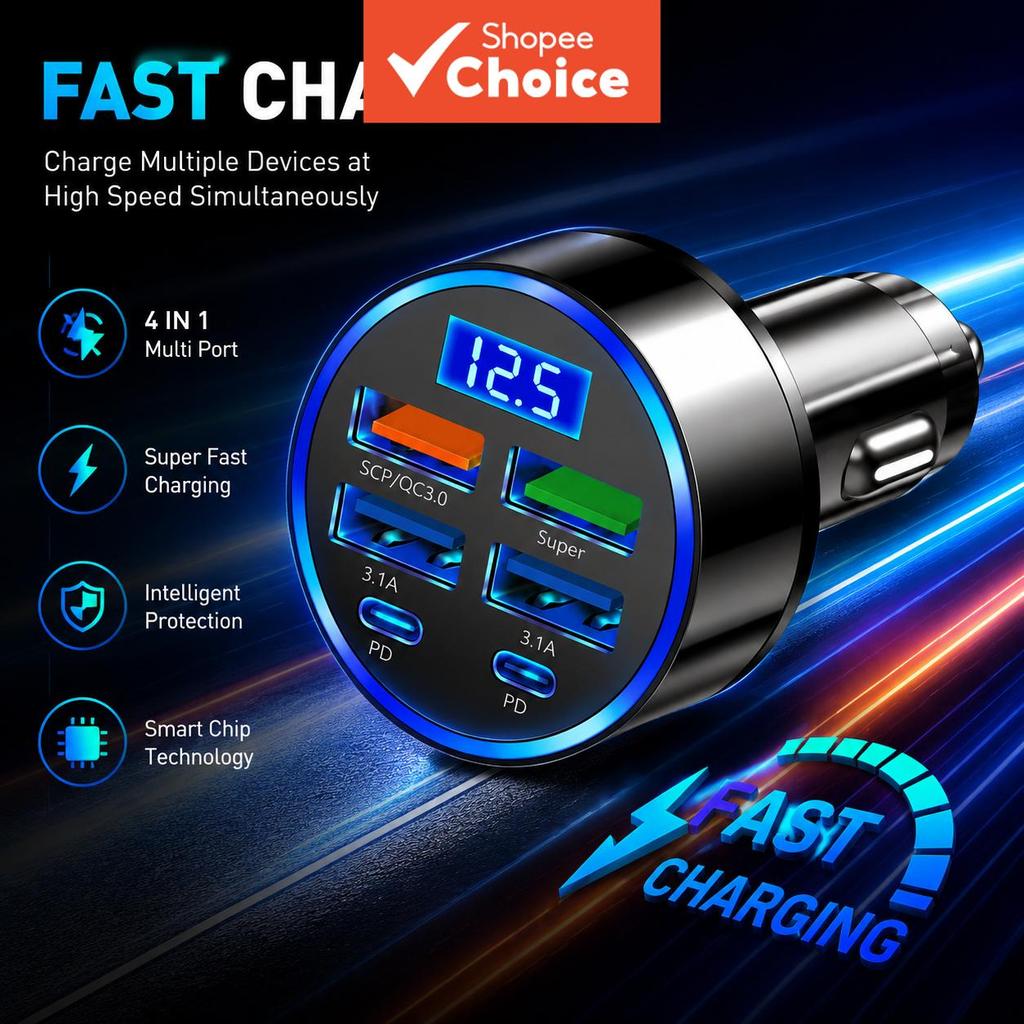 1 unidade de carregador veicular 66W 6 em 1, 4 portas USB + 2 portas Type-C com PD QC3.0 para iPhone e smartphones