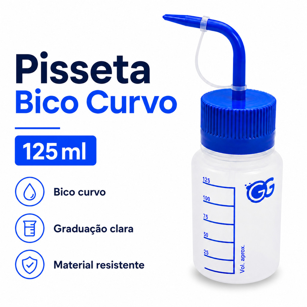 Pisseta Graduada Bico Curvo 125ml Almotolia Frasco Plástico Laboratório Dosador Líquidos