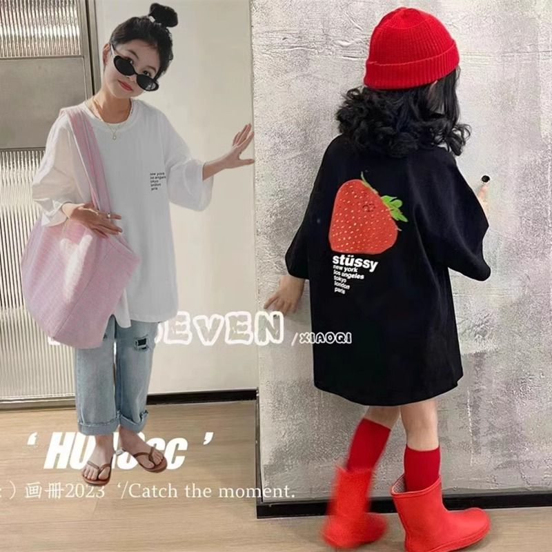 Versão coreana morango impresso puro algodão manga curta camiseta meninas solto médio grande crianças Casual comprimento