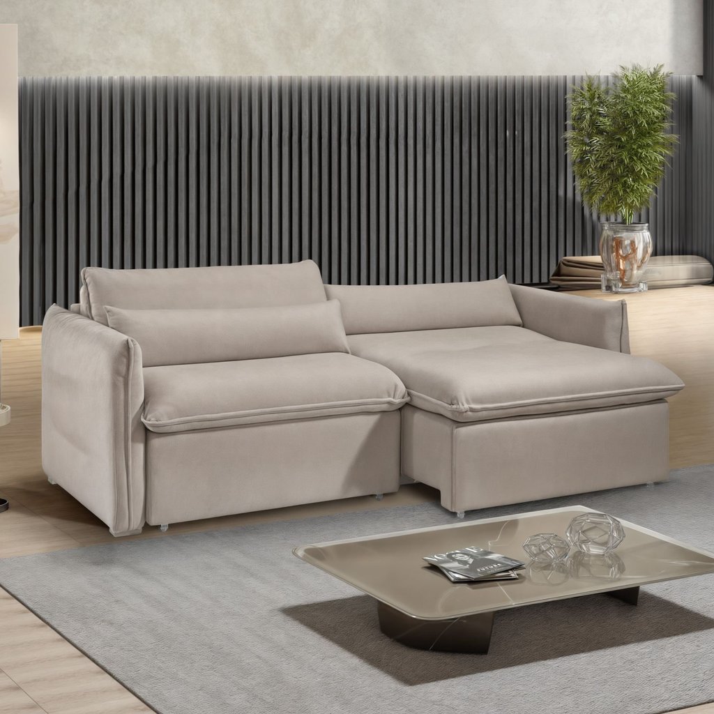 Sofá Cama Retrátil e Reclinável Veludo Bege Claro Aurora 200cm Bege Claro