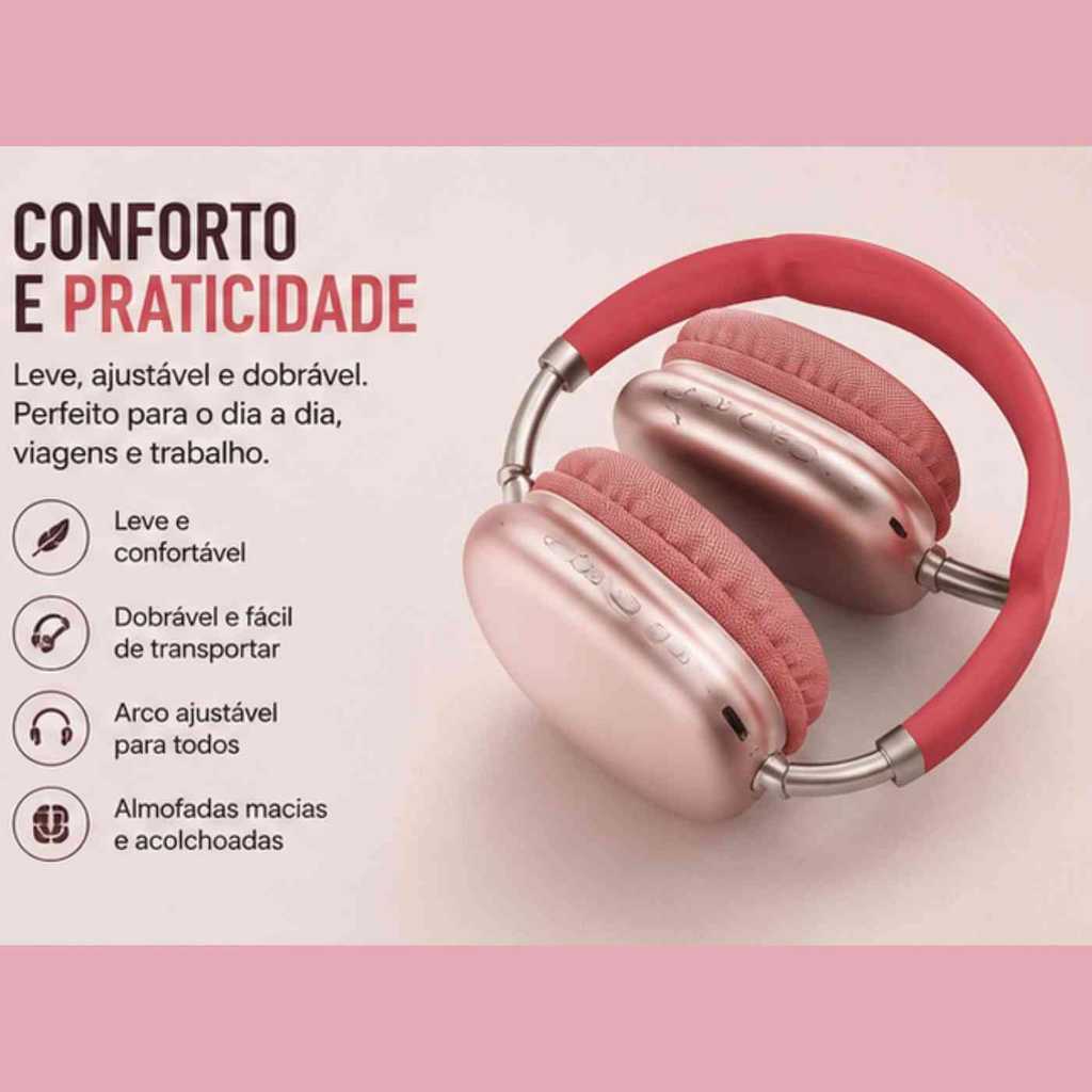 Fone de Ouvido Headphone Bluetooth  P9 Sem Fio Estéreo Vermelho  Dobrável Com Microfone Android IPhone