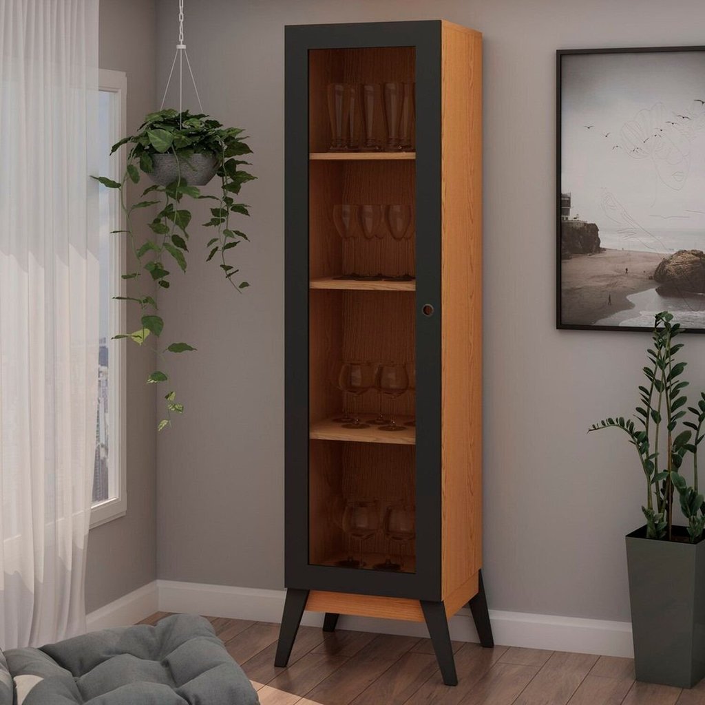Cristaleira 1 Porta Vidro Pés Madeira Cinamomo e Preto 158cm Genialflex Cinamomo/Preto