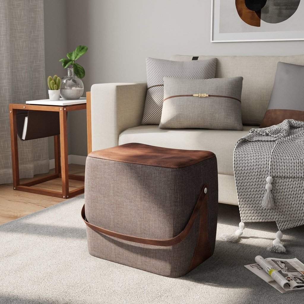Puff para Sala de Estar em Linho Bag Marrom/Preto
