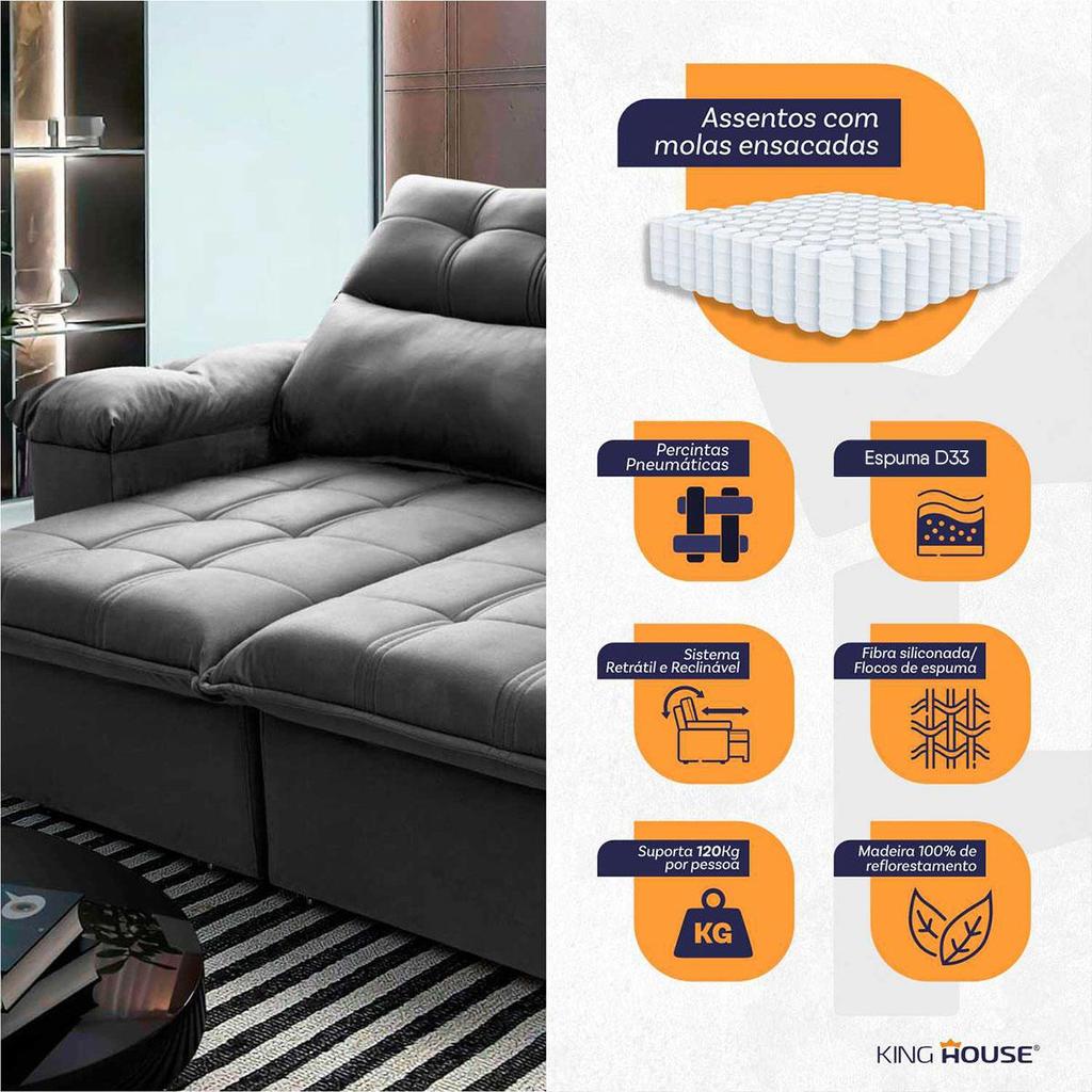 Sofá Retrátil Reclinável Verona 2,00m Suede Velut Cinza Molas Ensacadas - King House · foto 2