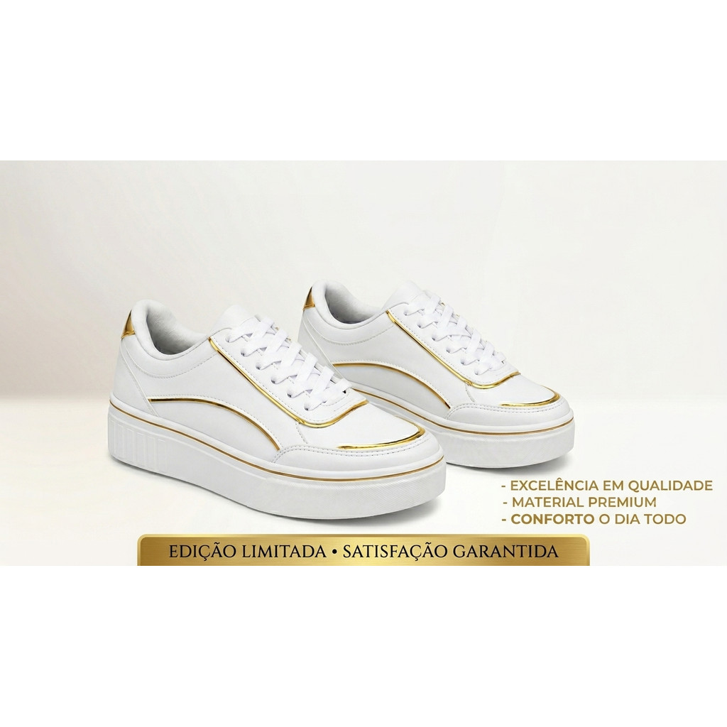Tênis Feminino Branco Plataforma com Detalhes Dourados Elegante Confortável Tendência