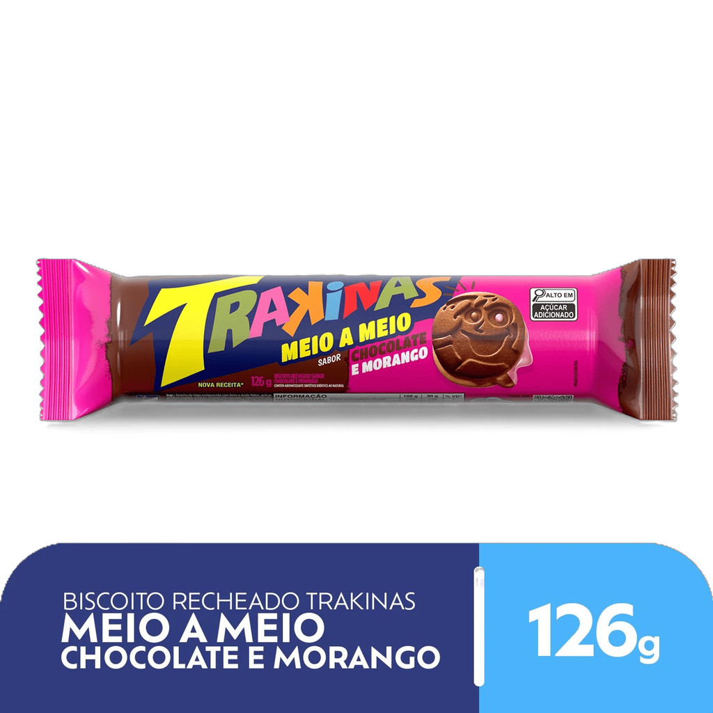 Biscoito Recheado Trakinas Meio a Meio chocolate e morango