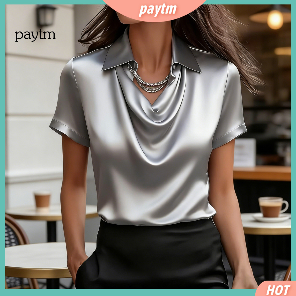 Women Shirt Women’s Satin Short Sleeve Lapel Collar Loose Fit Summer Top Smooth Lightweight Blouse for Wear Stylish Sw