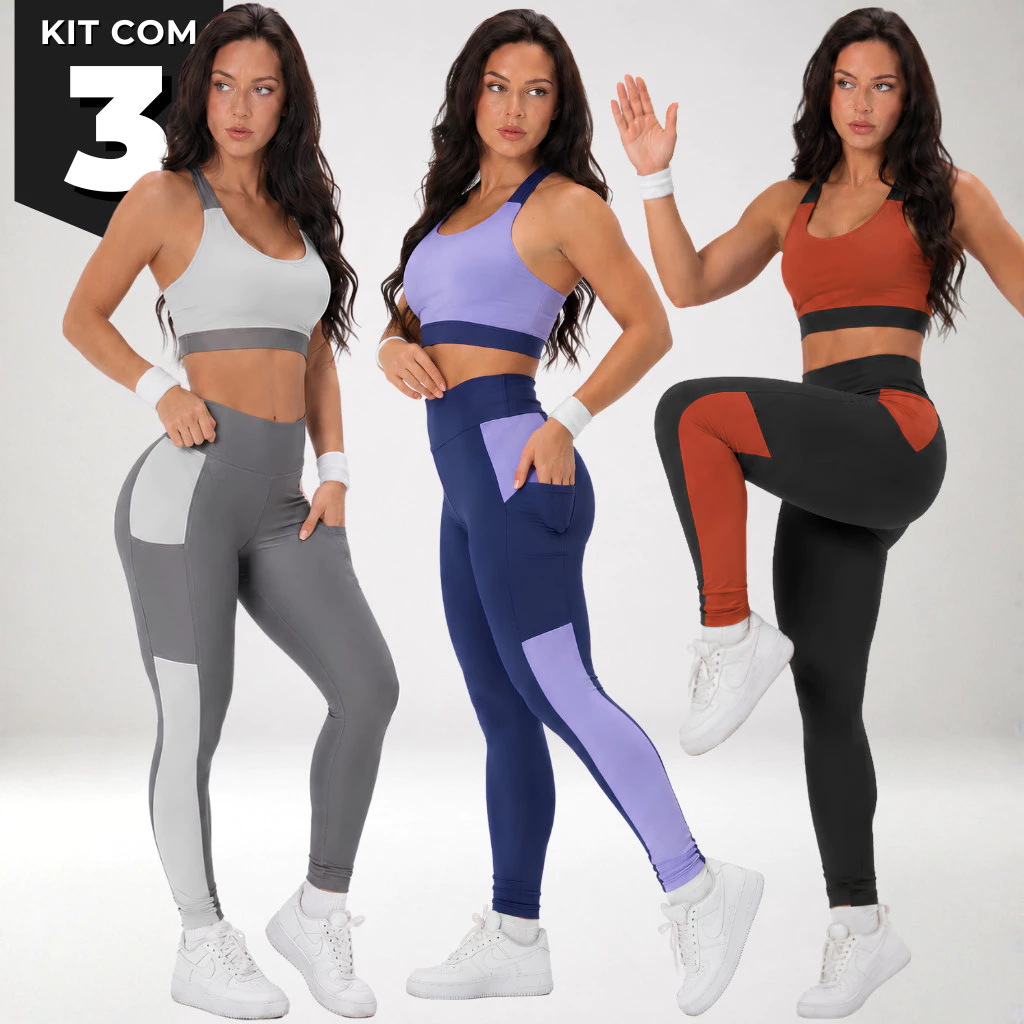 3 Conjuntos Fitness Feminino Bicolor Sem Transparência Top Bojo Legging Cós Alto Suplex Premium