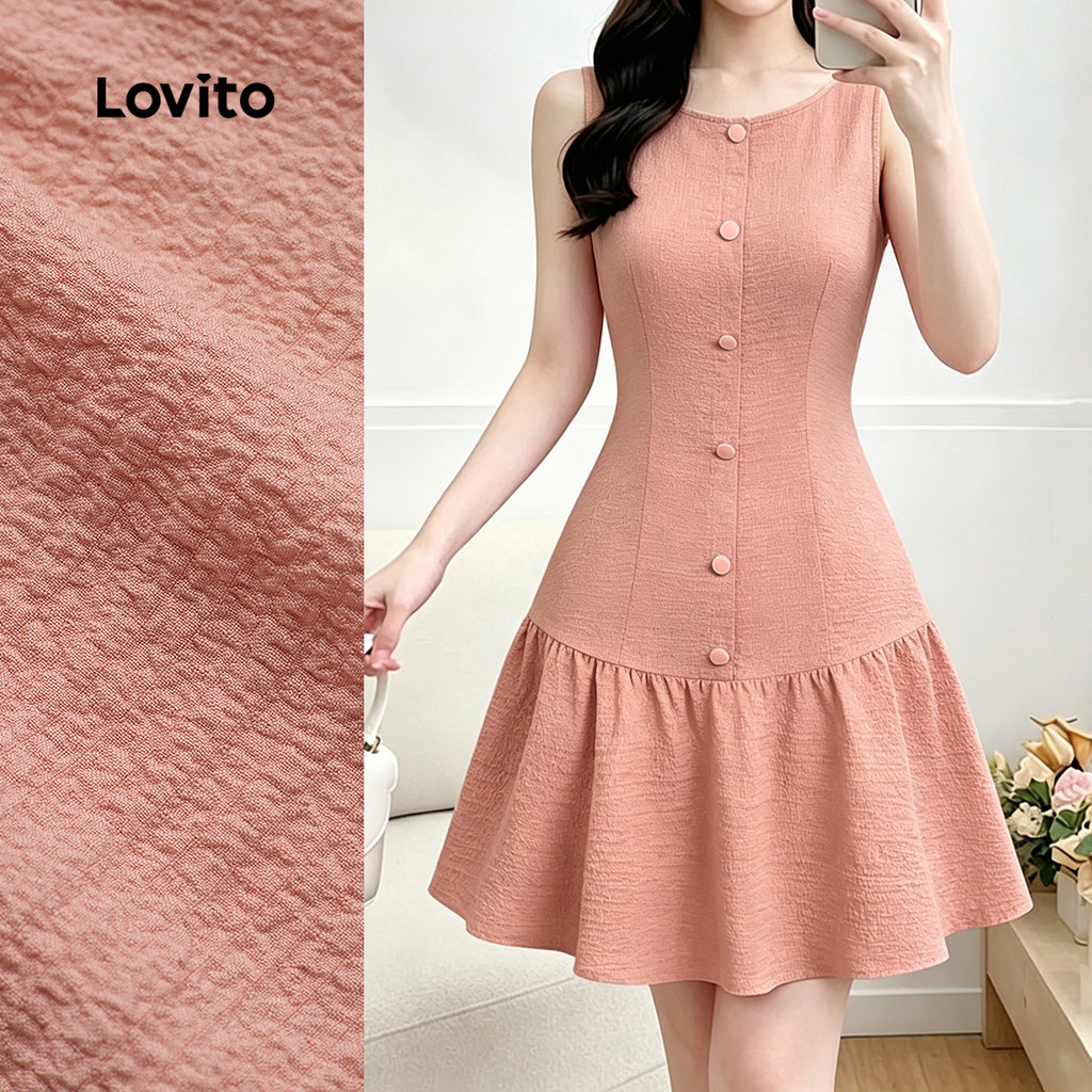 Lovito Vestido Casual com Estrutura Linha e Babados Na Barra Primavera/verão Corderosa para Mulheres LK6ED763
