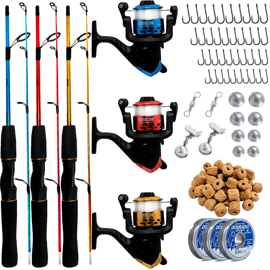 Kit de Pesca Completo 3 Varas 1,20m 10kg 3 Molinetes e Acessórios em Oferta na Shopee