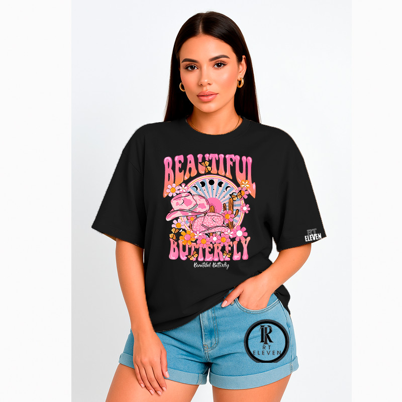 Camiseta Feminina oversized Feminina Bealtifull Buterfly  Moda Fitness Treino academia exercícios Malha 100% Algodão