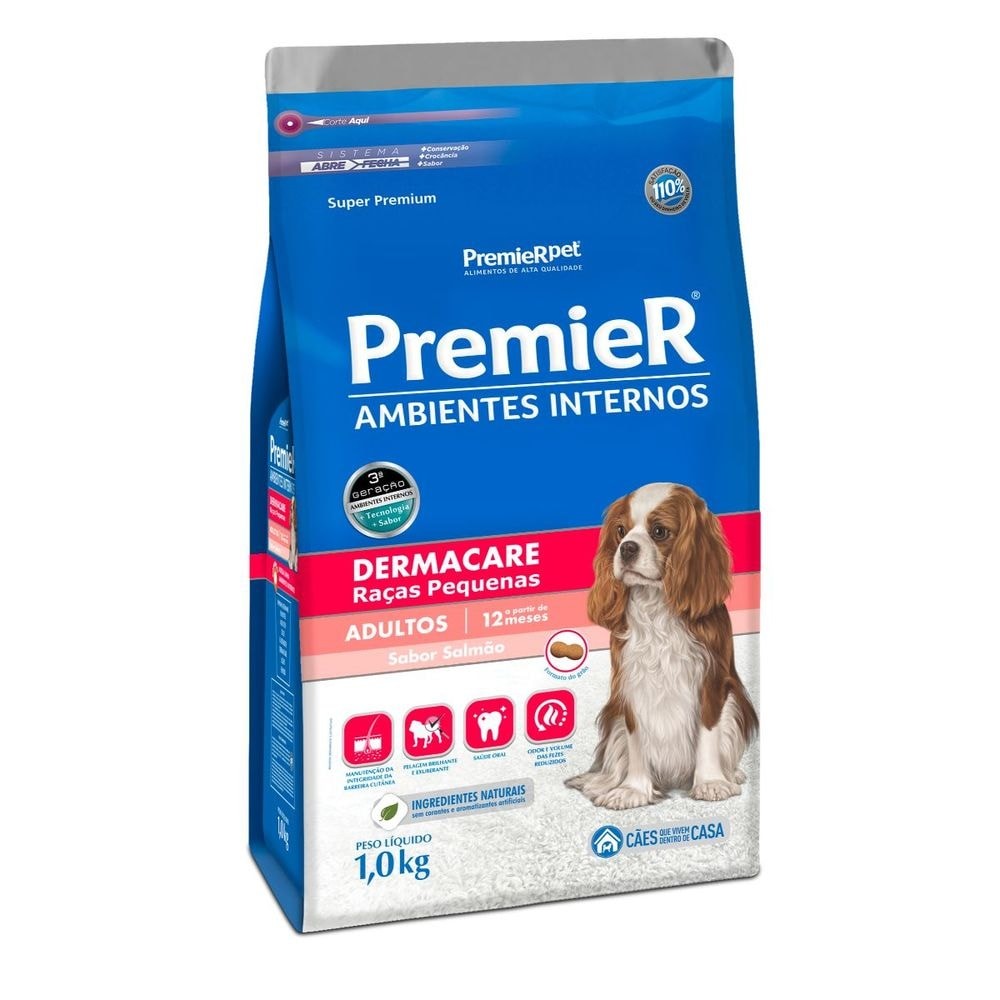 Ração PremieR Ambientes Internos dermacare raças pequenas para cachorros adultos salmão 1,0kg em Oferta na Shopee